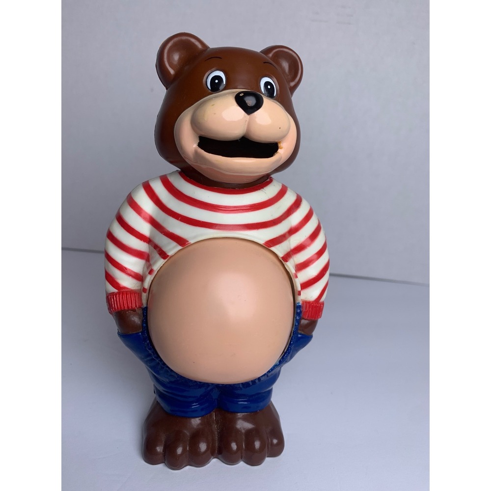 Vintage JSNY Plastic Bear Coin Bank Striped Sweater Large Belly Figurine 9273